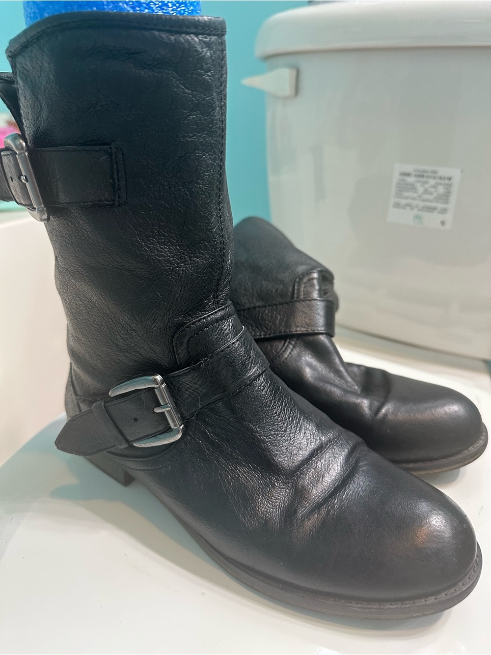 Steve Madden Black Leather Lace-Up Buckle Boots